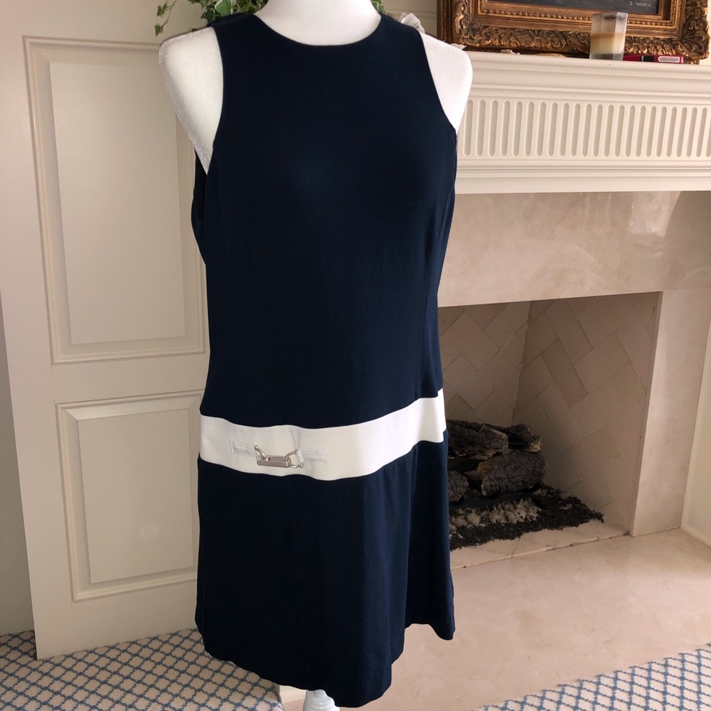 Worth Navy Knit Dress With White Trim Size 12